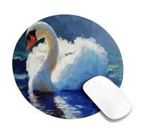 Elegant White Swan Mouse Pad, Artistic Blue Watercolor Design Stitched Edge Mousepad, Rubber Non-Slip Washable Gaming Mouse Pad for Home and Office Computer, Laptop Round 8x8 Inch