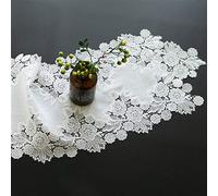 Elegant White Table Runner - American Embroidery Linen Cotton Lace Tablecloth for Coffee Table, Fireplace, Cabinet & Piano Decor - Versatile 35x90cm Home Accent