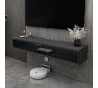 Elegant White Wall-Mounted Floating TV Stand - Stylish Wood Console with Rock Board Pattern for Living Room & Bedroom - Space-Saving Hanging Cabinet & Narrow Storage Rack