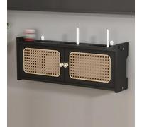 Elegant Wicker Router Shelf - Projector & Modem Storage Box, Cable Management Hider Rack, Power Strip Organizer, 23.6" x 4.5" x 9", Black Wood Finish