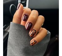 Elegant Wine Red Leopard Print Press On Nails Short Square Fake Nails Set - Trendy Wild Chic Acrylic French Tip Stick On Almond Fall Colors Dot Cat Eye Design Handmade Women Autumn Cute