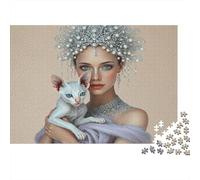 Elegant Woman with Cat 1000 Pieces Lady White Cat Recycled Cardboard Jigsaw Puzzle for Puzzle Enthusiasts Family Game Night Collectible Item Missing Piece Guarantee 70x50cm/1000pcs