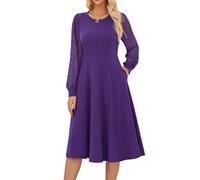Elegant Women’s Long Sleeve Crew Neck Midi A-Line Dresses Lace Casual Solid Formal Cocktail Dress L Purple