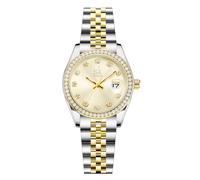 Elegant Women’s Quartz Watch with Crystal Accents, Solid Alloy Steel Band, Calendar Feature, Perfect for Dressy Occasions (Silver-Gold)