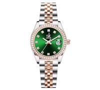 Elegant Women’s Quartz Watch with Crystal Accents, Solid Alloy Steel Band, Calendar Feature, Perfect for Dressy Occasions (Rosegold-Green)
