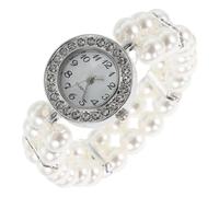 Elegant Women Watch with Pearl Bracelet, Double Row Elastic Bracelet, Rhinestone Accent, Vintage Style for Daughters at Christmas Parties