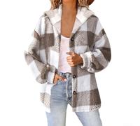 Elegant Womens Button Down Hooded Jacket in Trendy Plaid Pattern for Everyday Use (XL Khaki)