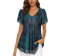 Elegant Women's Casual Dressy Summer Floral Double Layer V-Neck Tunic Tops for Leggings, Lightweight, Petite, Mesh, Loose Fit T-Shirts, Beach Clothes