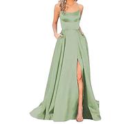 Elegant Women's Formal Prom Dress Long Satin Backless Evening Gown with Side Slit and Convenient Pockets for Wedding Party Occasions