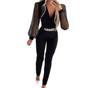 Elegant Women's Jumpsuit with Long Sleeves - Stylish Mesh Design for Fashion-Forward Outfits - Flattering Full Length Attire for Every Occasion Summer in Lightweight Wide-Leg Rompers Leisure Black