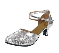 Elegant Women's Latin Dance Sandals with Rhinestone Heeled Design for Ballroom Tango Party and Sequin Performance (Silver, 5)