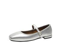 Elegant Women's Mary Jane Flat Shoes with Buckle Strap - Comfortable, Slip-On Work Shoes Featuring a Square Toe and Ballet Flat Design Silver