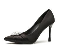 Elegant Women's Satin Stiletto Heels Pointed Toe Slip On Pumps with Crystal Buckle Decorative Front Shoes for Wedding & Special Occasion Formal Events,Wide Black7,8 UK