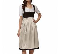 Elegant Women's Traditional Dirndl Apron Midi Long Knee-Length Skirt | Bavarian Oktoberfest Wedding Medieval Festive Costume | Pleated Design with Adjustable Bow | Lightweight Beige