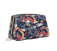 Elegant Women's Travel Leather Cosmetic Bag,Blue and Red Dragons Fighting in The Clouds Waterproof Makeup Bag Purse Toiletry Bag Organizer Case Pouch with Zipper for Women Jewelry Cosmetics, S