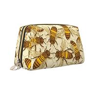 Elegant Women's Travel Leather Cosmetic Bag,Cute Little Bee Busy in The Hive Waterproof Makeup Bag Purse Toiletry Bag Organizer Case Pouch with Zipper for Women Jewelry Cosmetics, S