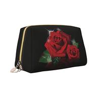 Elegant Women's Travel Leather Cosmetic Bag,Red Roses Bling Waterproof Makeup Bag Purse Toiletry Bag Organizer Case Pouch with Zipper for Women Jewelry Cosmetics, S