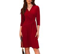 Elegant Women's V-Neck Dress 3/4 Sleeve for Weddings Knee Length Vintage Party Cocktail Dress with Side Bow Large Red L