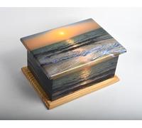 Elegant Wooden Funeral Casket for Adult Ashes -Laminated Memorial Box, Secure Bottom Screw Closure, Human Remembrance Keepsake Urn (Sunset Beach)
