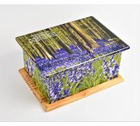 Elegant Wooden Funeral Casket for Adult Ashes -Laminated Memorial Box, Secure Bottom Screw Closure, Human Remembrance Keepsake Urn (Bluebell forest-Text Engraved)