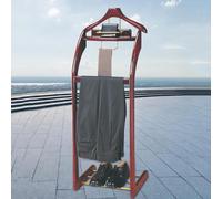 Elegant Wooden Suit Stand with Contoured Hanger Pants Bar Tie & Belt Hooks and Shoe Storage - Perfect Men's Closet Organizer for Stylish Storage.