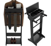 Elegant Wooden Valet Stand for Men & Women - Multi-functional Clothes Rack with Shoe Shelf & Storage for Wallet Jewelry Watches & Keys - Ideal for Entrance Office & Bedroom (Black)