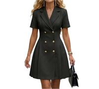 Elegant Work Dresses for Women UK Short Sleeve Blazer Mini Dress Ladies' Double-Breasted Gold Button Pleated A-Line Dress for Office Brunch Smart Casual Events
