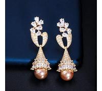 Elegant Yellow Filled Long Pearl Drop Earrings for Women Cubic Zirconia Bridal Wedding Jewelry