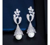 Elegant Yellow Filled Long Pearl Drop Earrings for Women Cubic Zirconia Bridal Wedding Jewelry