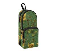 Elegant Yellow Flowers Green Nylon 3 Compartments Pen Pencil Bag Multi-purpose and aesthetic Slot Pencil Case Stationery Organizer for Man School supplies 1600ml