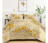 Elegant Yellow Wildflowers Pattern Premium Reversible Duvet Set - Modern Printed Bedding - Soft & Hypoallergenic Coverless Duvet - Stylish Double-Sided Design for Bedroom Decor, 155 x 220 cm, Beige