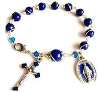 elegantmedical Catholic Silver Wire Wraped Lapis lazul Bead Bracelet Rosary Cross
