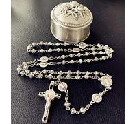 elegantmedical Handmade Silver Rose Beads St. Benedict Rosary Catholic Necklace Crucifix Cross Jerusalem