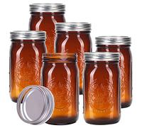 Eleganttime Amber Glass Mason Jars 32 oz Wide Mouth with Airtight Lids and Bands 6 Pack Large Glass Canning Mason Jars with Lids Quart Wide Mason Jars,Great for Canning Jar Pickle Fermenting Jam Jar