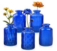 ELEGANTTIME Cobalt Blue Glass Bud Vase Small Flower Vase Mini Bottle with Cork Wire Handle Design Perfect for Deco Cafes, Office Table, Home and Garden(Set 5)