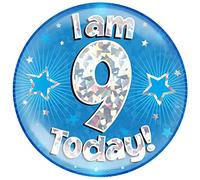 Eleganza 633414 6 Inches Jumbo Badge I Am 9 Today Blue Holographic Cracked Ice