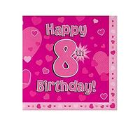 Eleganza Happy 8th Birthday Napkins, Tissue, Pink, 33cm x 33cm