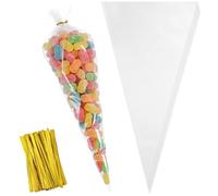 Elegaperma 200pcs Sweet Cones Bags with Ties,Plastic Cones for Sweets,16 x 30 cm Triangle Sweetie Cone Bag for Christmas,Party,Wedding,Candy,Popcorn,Snacks