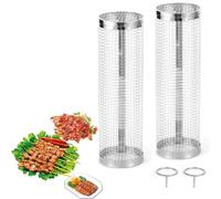 Elegauit Rolling Grill Baskets, 2 Pcs Stainless Steel Wire Mesh Cylinder Grilling Cage, Portable Outdoor Camping Cooking BBQ Accessories Grill for Meat, Fish, Vegetables, French Fries (30X9X9cm)