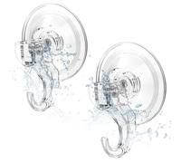 Elegear Suction Hooks for Bathroom, 3Kg Heavy Duty Plastic Strong Vacuum Suction Cup, Reusable Sucker Hook for Shower Kitchen Window Front Door Hanging Towel Caps Bags Coats Xmas Wreath, 2 Pack, Clear