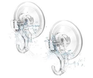 Elegear Suction Hooks for Bathroom, 3Kg Heavy Duty Plastic Strong Vacuum Suction Cup, Reusable Sucker Hook for Shower Kitchen Window Front Door Hanging Towel Caps Bags Coats Xmas Wreath, 2 Pack, Clear