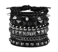 ElegGlo 4 Pcs Leather Studded Bracelets, Punk Leather Rivets Bracelets, Wristband Bracelet Set For Men Women Rocker Outfits Skull Bracelet Accessories Set For 80s 90s Outfits