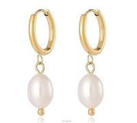 ElegGlo Huggie Small Hoop Earrings Natural Freshwater Pearl Earrings 18K Gold Plated Crystal Dangle Earrings for Women Copper Sunstone