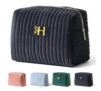 Elehui Easter Basket Stuffers Essentials Gifts for Women Quilted Makeup Bag Make Up Cosmetic Pouch Travel Size Skin Care Toiletries Lip Balm Gloss Liner Oil Tint Organizer Black Initial Letter H