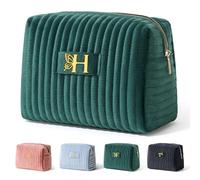 Elehui Easter Basket Stuffers Essentials Gifts for Women Quilted Makeup Bag Make Up Cosmetic Pouch Travel Size Skin Care Toiletries Lip Balm Gloss Liner Oil Tint Organizer Green Initial Letter H