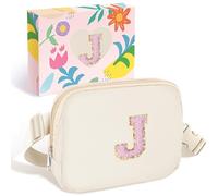 Elehui Initial Crossbody Bags Fanny Pack with Adjustable Strap Small Belt Bag Cross Body Purse for Teen Girls Dance Sing Swim Sport Team Match Day Preppy Gift Christmas Birthday Present Cream J