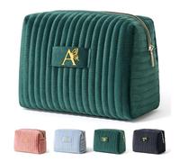 Elehui Mom Birthday Gifts Easter Mothers Day Gift Ideas for Mama Grandma New Mommy from Daughter Travel Makeup Bag Quilted Make Up Cosmetic Pouch Cool Aesthetic Monogram Green Initial Letter A