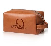 Elehui Personalized Gifts Travel Toiletry Bag for Men Engraved Initial PU Leather Waterproof Shaving Bag for Toiletries Accessories Christmas Birthday Gift for Men Dad Husband Son, Light Brown O