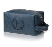 Elehui Personalized Gifts Travel Toiletry Bag for Men Engraved Initial PU Leather Waterproof Shaving Bag for Toiletries Accessories Christmas Birthday Gift for Men Dad Husband Son, Dark Blue E