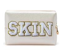 Elehui Skin Makeup Bag Preppy Patch Cosmetic Pouch Chenille Varsity Letter Purse Aesthetic Trendy Stuff Gifts for Teens Girls Women, Cute Pink Travel Skincare Toiletry Storage Organizer